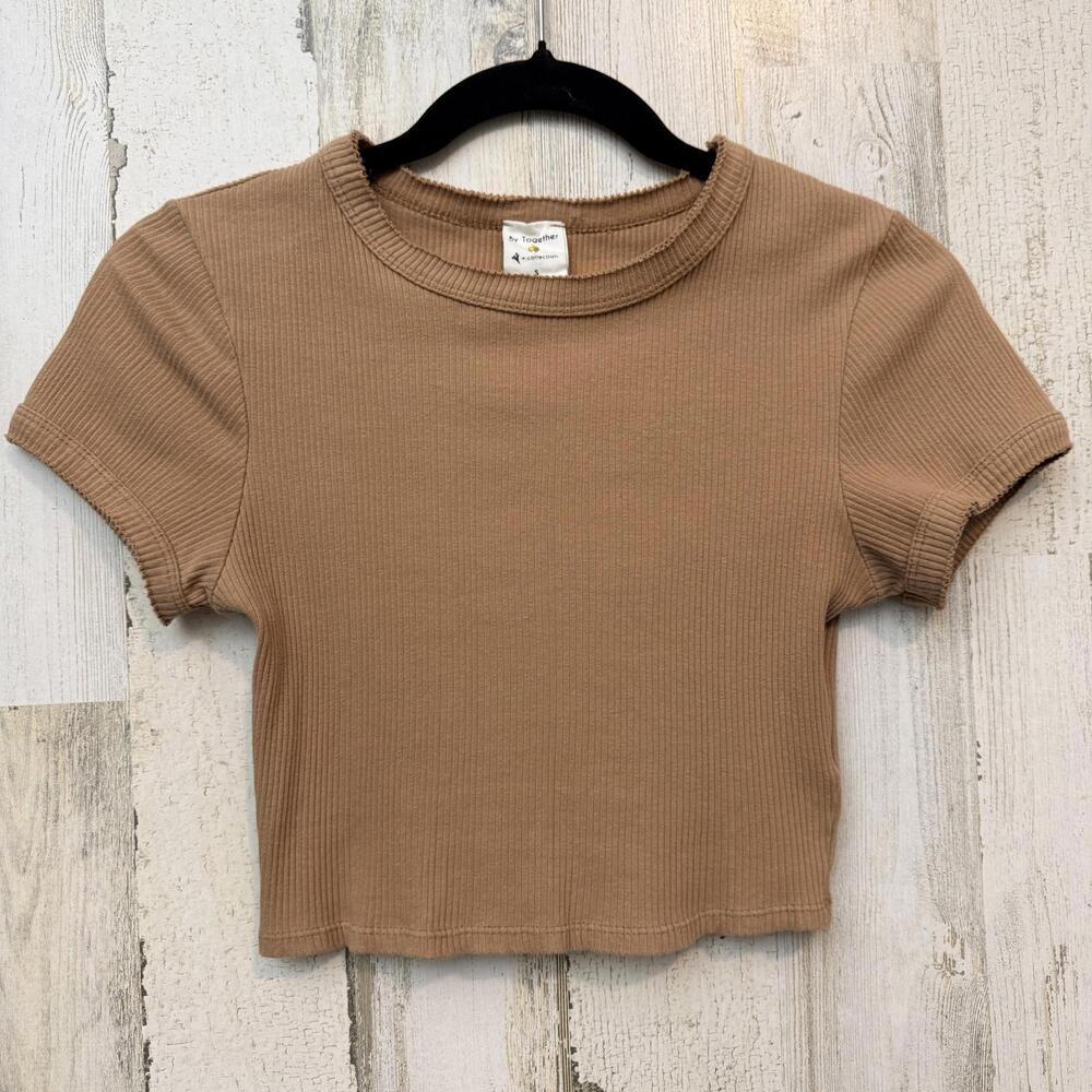 By Together Women’s Small Ribbed Crop Top Short Sleeve Tan